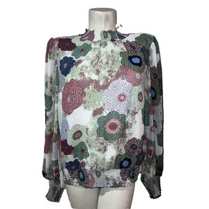 Marc New York Andrew Marc Floral Smocked Blouse XL Green Pink Mock Neck Top